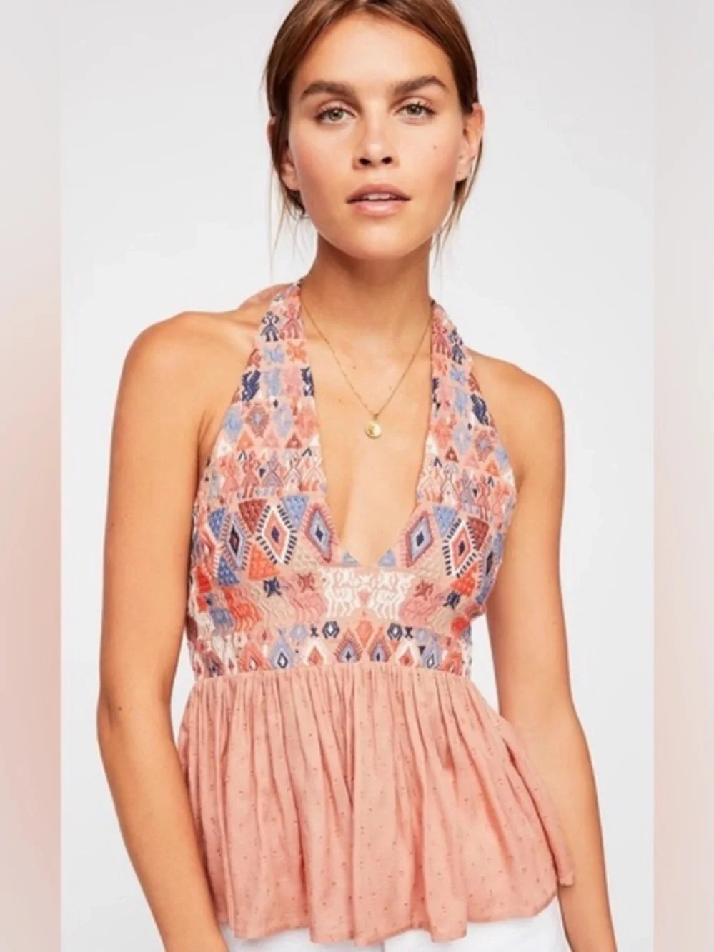 Free People Peruvian Paradise Halter Size S Embroidered Rusty Peach Hippie Boho